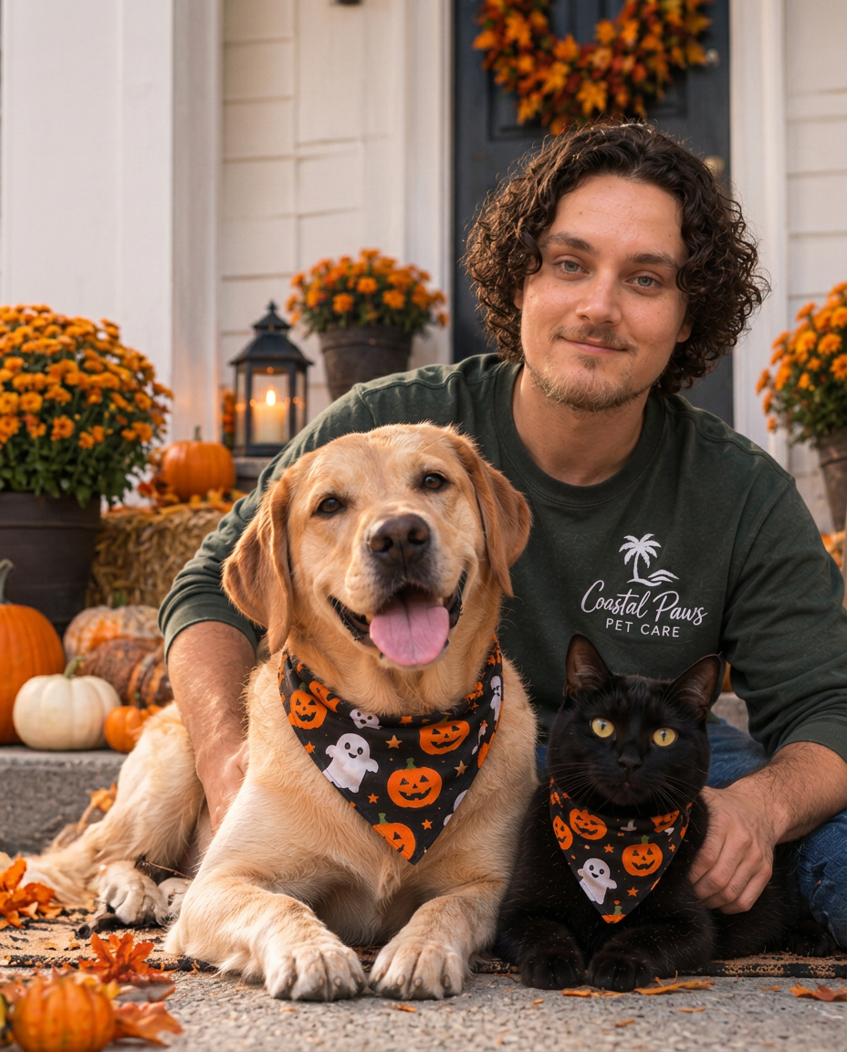 Albe Dumas of Coastal Paws Pet Care with a golden retriever and black cat on an autumn porch